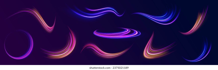 Bokeh luz morada brillante línea de onda redonda con partículas brillantes. Fondo vectorial de efecto de líneas brillantes azules. Ola futurista flash, espiral de neón. onda semicircular, giro de la curva de traza luminosa, óptico.
