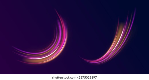 Bokeh purple light glitter round wave line with sparkling particles. Blue shiny lines effect vector background. Futuristic wave flash, neon spiral. semicircular wave, light trail curve swirl, optical.