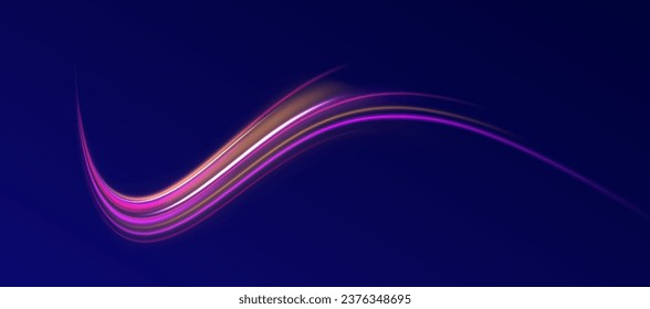 Bokeh luz morada brillante línea de onda redonda con partículas brillantes. Fondo vectorial de efecto de líneas brillantes azules. Ola futurista flash, espiral de neón. onda semicircular, giro de la curva de traza luminosa, óptico.