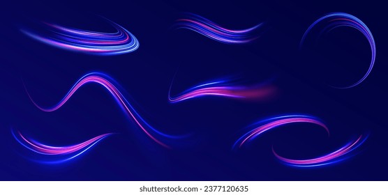 Bokeh purple light glitter round wave line with sparkling particles. Blue shiny lines effect vector background. Futuristic wave flash, neon spiral. semicircular wave, light trail curve swirl, optical.