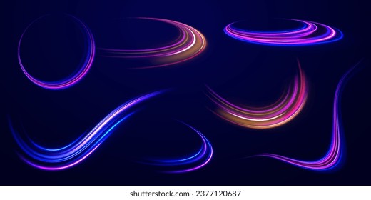 Bokeh purple light glitter round wave line with sparkling particles. Blue shiny lines effect vector background. Futuristic wave flash, neon spiral. semicircular wave, light trail curve swirl, optical.