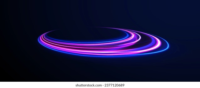 Bokeh purple light glitter round wave line with sparkling particles. Blue shiny lines effect vector background. Futuristic wave flash, neon spiral. semicircular wave, light trail curve swirl, optical.