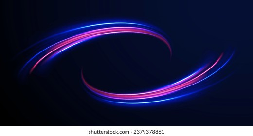 Bokeh purple light glitter round wave line with sparkling particles. Blue shiny lines effect vector background. Futuristic wave flash, neon spiral. semicircular wave, light trail curve swirl, optical.