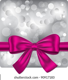 Bokeh silver background with pink ribbon. Gift card. Vector illustration