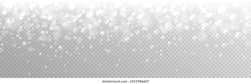 Bokeh silver light. Shiny blur effect. Bright white circles. Christmas blurred lights. Luxury glitter texture. Greeting card wide template. Elegant soft shine. Vector illustration.
