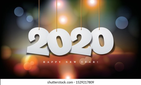 Bokeh sparkle new year 2020 background. Festive concept with  Abstract defocused sunrise light scene . design of new year party, sale, greeting card.