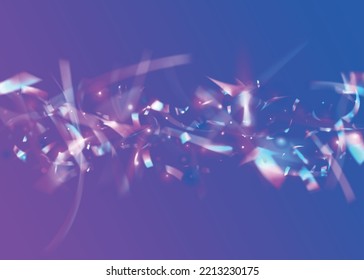 Bokeh Tinsel. Shiny Burst. Blue Metal Confetti. Birthday Background. Transparent Sparkles. Digital Art. Laser Prismatic Illustration. Unicorn Foil. Purple Bokeh Tinsel
