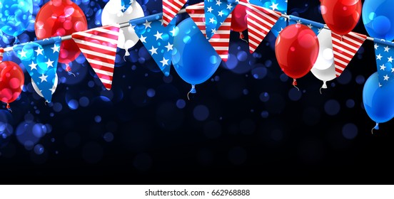 Bokeh Antecedentes del Día de la Independencia de Estados Unidos con banderas y globos. Ilustración vectorial.