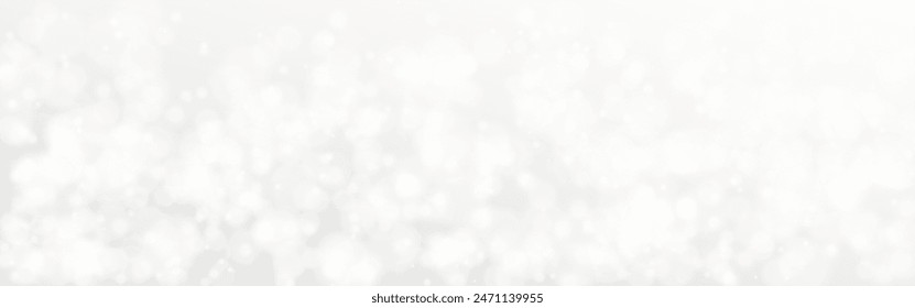 Bokeh white background. Defocused wide texture. Blurry soft lights. Abstract shiny effect. Silver glow wallpaper. Magic holiday design. Sparkling poster template. Vector illustration.