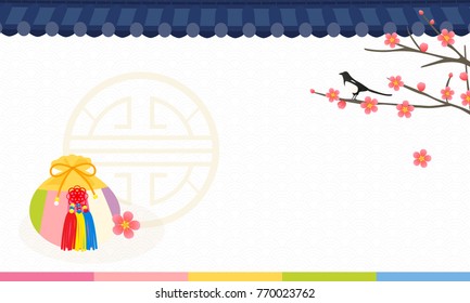 Bokjumeoni (Korean Traditional Lucky Bag) with pink plum blossoms on Korean pattern. New Year background vector illustration