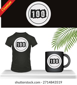 Impresión gráfica del diseño del logotipo de Bold 100 en la camiseta, la taza y el Anuncio negros. Maqueta de logro, perfección y Mercancía de hitos con hoja verde aislada sobre fondo blanco.