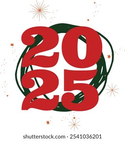 Bold "2025" New Year design with red text and festive decorations on a dark background, perfect for New Year’s Eve invitations, holiday graphics, social media posts, and seasonal projects welcoming.