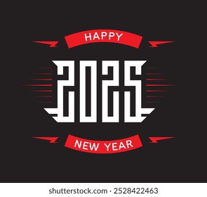 Negrito 2025 Ano Novo Tipografia Design com Elementos de Estilo Rock. Banner preto e vermelho moderno com raios Perfeitos para eventos de música alternativa e celebrações urbanas. Feliz Ano Novo 2025.