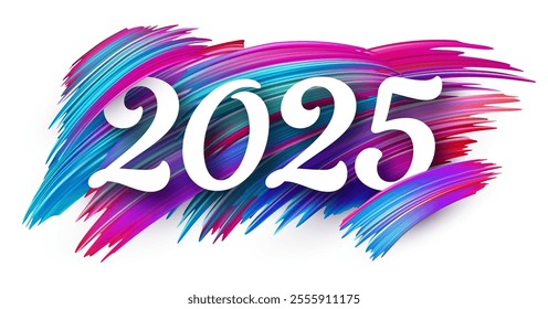 Bold 2025 typography featuring dynamic and colorful brush strokes on a bright white background. Vector illustration.