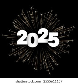 Bold 2025 typography illuminated by golden fireworks against a black background. Ideal for New Year festivities and elegant holiday celebrations.