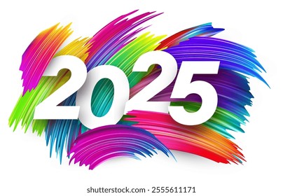 Bold 2025 typography overlaying dynamic multicolored brush strokes for a creative and vibrant design. Vector illustration.