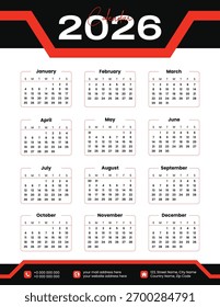 Bold 2026 calendar layout with orange and black style. One page professional design for office and business printing.