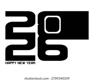 Bold 2026 New Year graphic with modern block typography. Minimal black layout designed for greeting and print projects. Contemporary festive artwork perfect for seasonal branding.