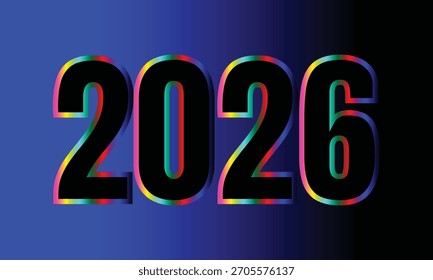 Bold 2026 text with a vibrant multicolor neon glow effect on a dark blue gradient background, perfect for New Year celebration banners, posters, greeting cards, digital graphics, and holiday designs