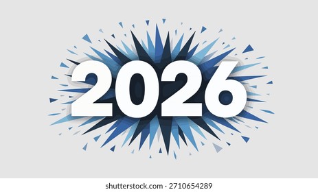 Fett 2026 Typografie mit dynamisch blauem geometrischen Burst-Hintergrund, modernes Neujahrsfest Graphic Design Geeignet für Urlaubsgrüße, Poster, Social Media und festliche Kunstwerke
