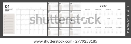 Bold 2027 Calendar Template. Monday Start Monthly Planner with To Do List, Large Date Grid and Clean Office Layout.