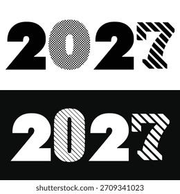  Bold 2027 typography design with textured number styles. Modern black and white layout for greeting and print projects. Clean graphic artwork ideal for New Year themes.