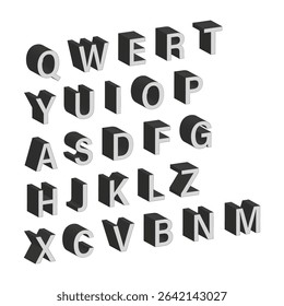 Bold 3D alphabet. Uppercase letter set. Stylized font element. Vector type.