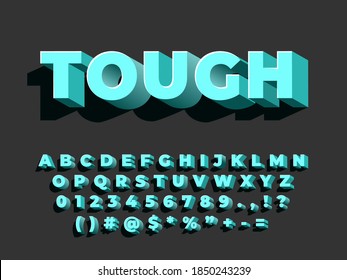 Bold 3d font. Strong typography, retro style alphabet. Letters numbers with shadow, entertainment typeface design recent vector illustration