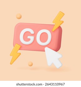 Bold 3D go button with lightning bolts and cursor on pastel background perfect for website call-to-action marketing or app interface vector illustration