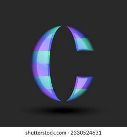 Bold 3d letter C monogram calligraphy logo striped smooth oval shape vibrant gradient purple and green stripes with shadows and reflection, typography creative mark from plastic material design.