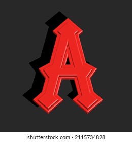 Bold 3d letter A logo monogram red color in the gothic style, faceted and pointed symbol with shadow, creative typography print.