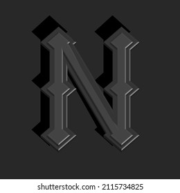Bold 3d letter N logo monogram grey color in the gothic style, faceted and pointed aggressive symbol with shadow, creative typography print.