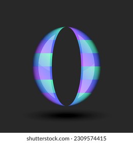 Bold 3d letter O or 0 number calligraphy monogram logo striped smooth oval shape vibrant gradient with shadows and reflection, typography creative mark from plastic material.