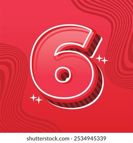 Um design arrojado número 6 3D com um fundo vermelho impressionante e padrões ondulados dinâmicos. Perfeito para gráficos promocionais, eventos de celebração ou projetos criativos.