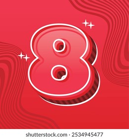 Un atrevido diseño 3D número 8 con un llamativo fondo rojo y patrones ondulados dinámicos. Perfecto para gráficos promocionales, eventos de celebración o proyectos creativos.