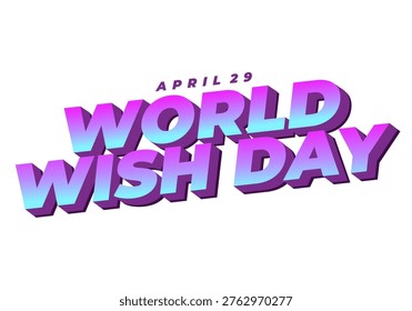 Bold 3D retro text reading World Wish Day with gradient purple blue fill and pink accents, angled perspective on white background.