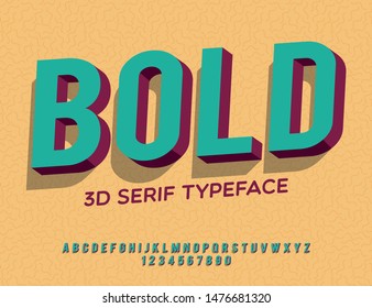 Bold. 3D serif font. Modern type with shadow for brand logotype.