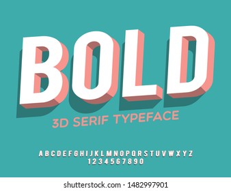 Bold. 3D serif font. Modern type with shadow for brand logotype.