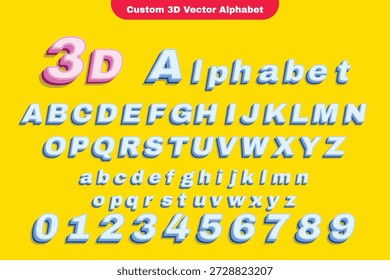 Atrevido alfabeto de Vector con estilo 3D que incluye letras mayúsculas, letras minúsculas y números en azul con sombras rosadas que se muestran en un fondo amarillo vibrante que muestra un diseño tipográfico colorido y juguetón.