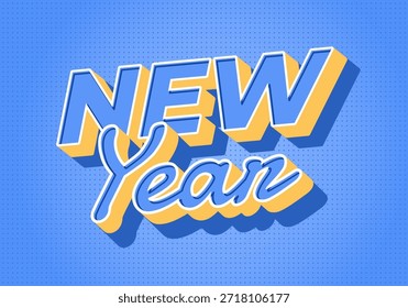 Bold 3D text New Year on a blue dotted background.