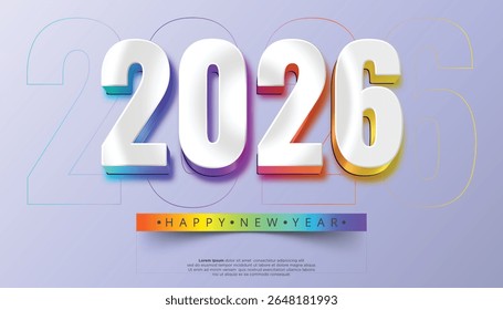 Números blancos en 3D 2026 con bordes degradados de arco iris y sutiles anillos de fondo