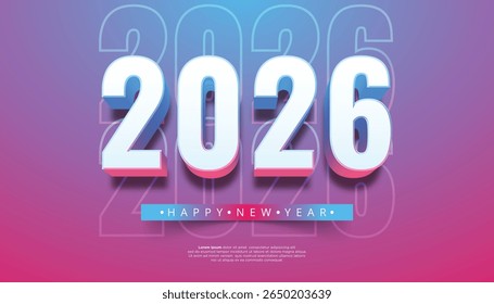 Bold 3D white numbers spelling out 2026 with a blue and pink gradient background and Happy New Year text