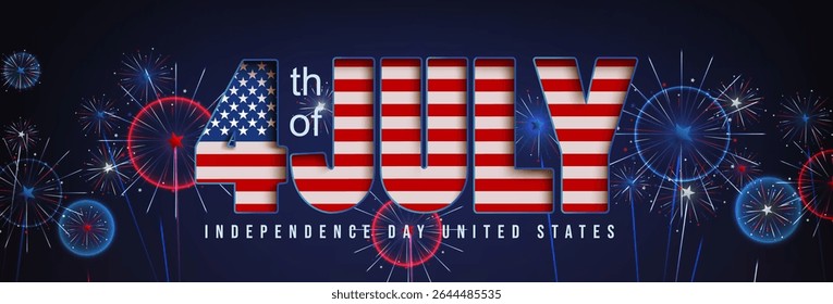 Bold 4th of July typography filled with USA flag colors on a dark background with fireworks, perfect for Independence Day celebration graphics or digital greeting cards.