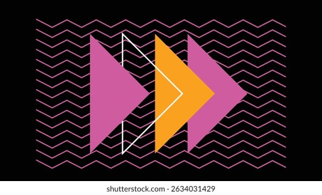 Bold abstract arrows in pink and yellow create a dynamic forward motion feel over a dark background with fine zigzag lines. Eye-catching and trendy vector design.