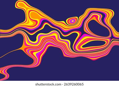 Bold abstract artwork with vibrant, multicolored wavy lines and organic geometric forms against a deep blue background. A striking and modern composition full of dynamic energy.