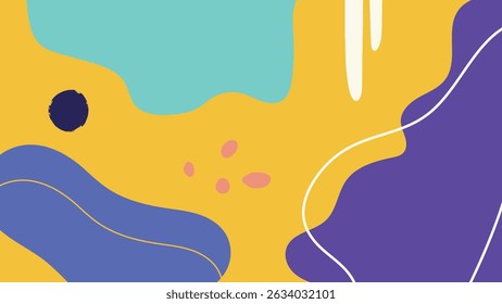 Bold abstract background with dynamic organic forms in yellow, blue, and purple tones, suitable for digital artwork and branding.