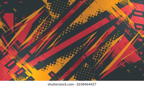 A bold abstract background with dynamic slashes, halftone dots, and rough grunge textures in fiery red and orange. Ideal for action themes, streetwear, or digital art projects.