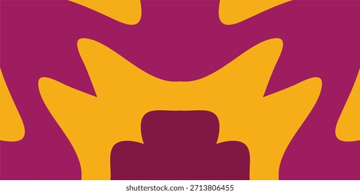 A bold, abstract background featuring symmetrical, fluid shapes in deep magenta and bright mustard yellow. The design is flat and graphic, characterized by high-contrast curves and a retro.