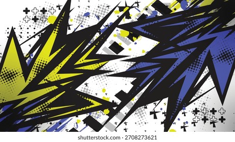 Fondo abstracto audaz con Formas de arte pop afiladas, puntos semitonos y salpicaduras vibrantes. Perfecto para carteles, gráficos deportivos, arte urbano y diseño digital moderno.