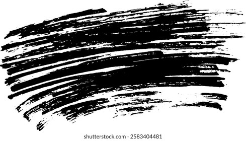 A bold, abstract black brush stroke on a white background, showcasing dynamic movement and texture.